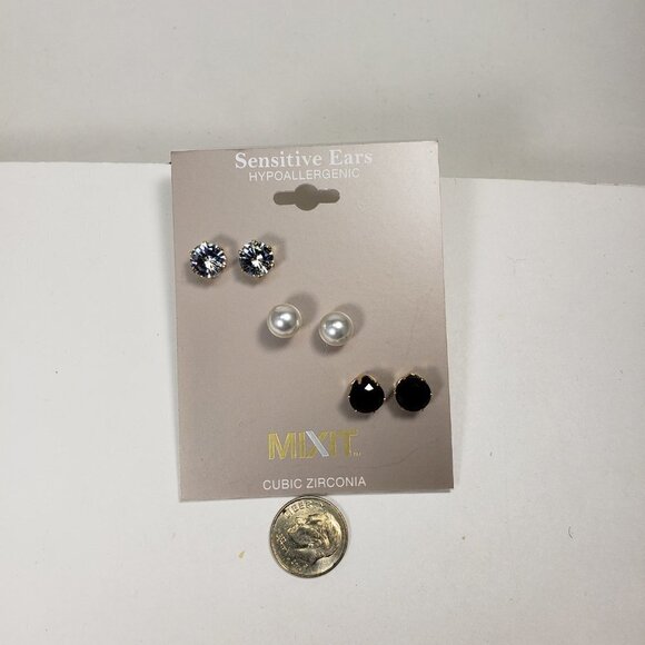 3-Pair Gold-Tone CZ Stud Earrings – Crystal, Faux Pearl, Black – Hypoallergenic - Picture 7 of 9